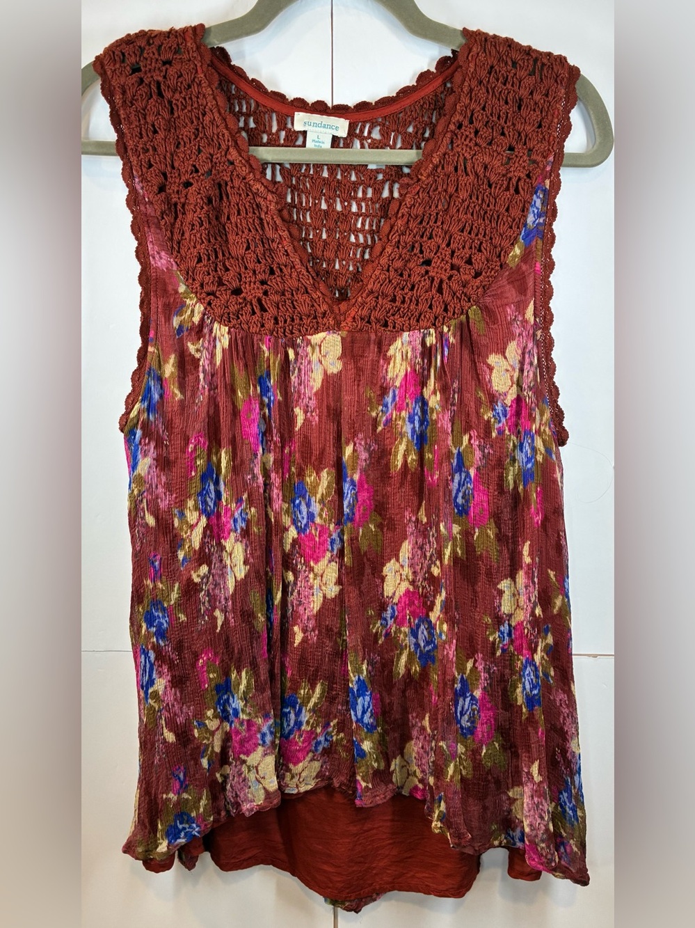 Sundance Floral Crochet Lace Boho Tank Top Cupro Sleeveless Lined Size Large